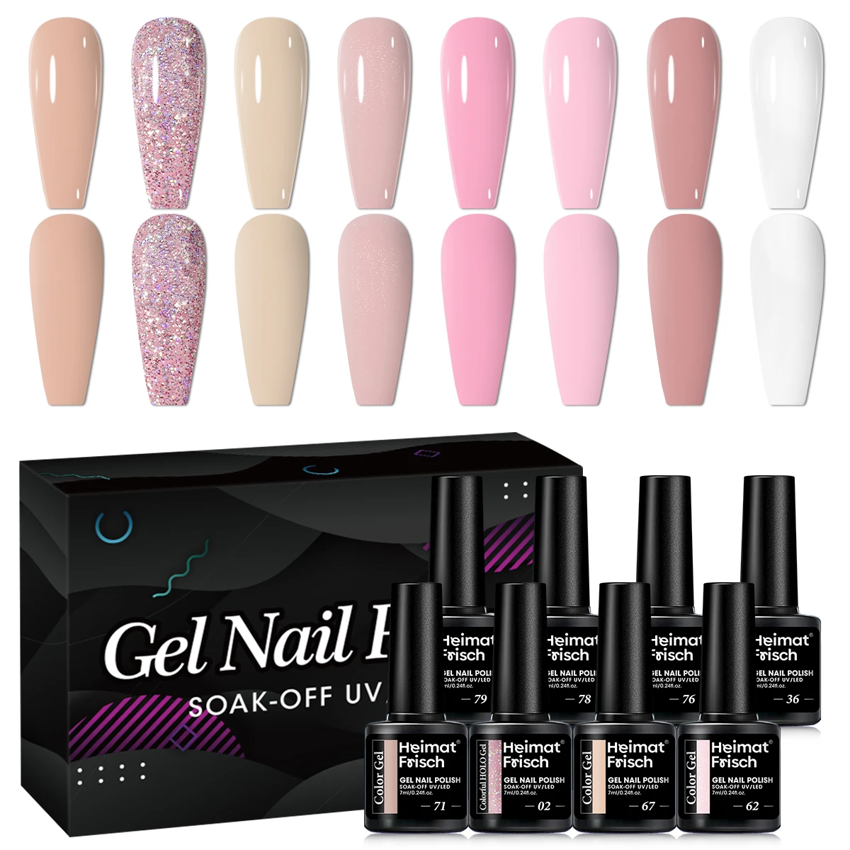Juego de esmalte de uñas en gel de 8 piezas, esmalte de uñas de inmersión/LED, uñas duraderas de calidad de salón, gel premium, calidad profesional de salón.