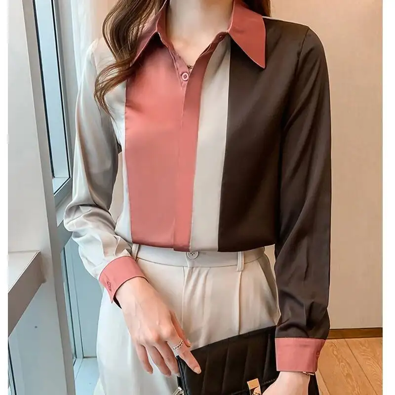 Moda elegante manga longa camisa de escritório primavera vintage listra cetim blusa feminina 2025 outono botão casual solto topos roupas
