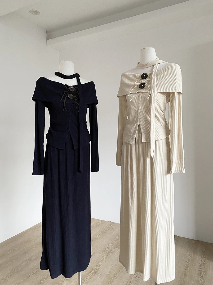 

Sweet Style Long Sleeve One Shoulder T-Shirt And High Waist Skirt Women's Color Autumn Fashion Set 2025 New Arrival