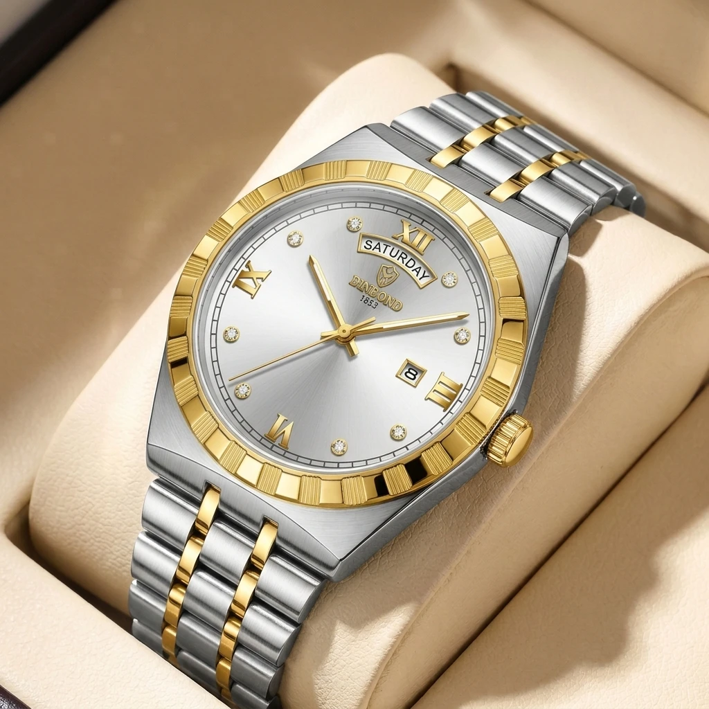 1pc Two-Tone Metal Strap Watch, Roman Numeral Dial, Dual Calendar Display, Simple and Stylish, Daily Business Style for Men