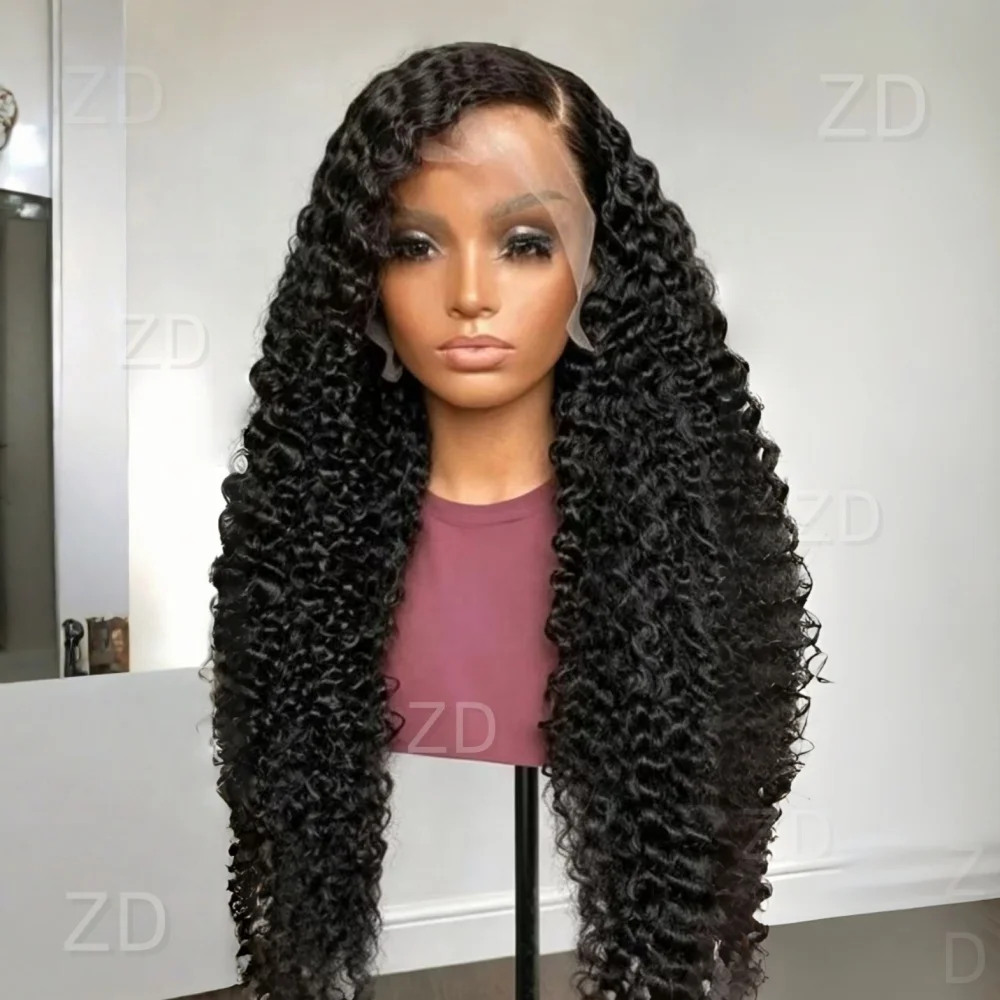 

26" Black Soft Pre-plucked Kinky Curly 180 Density Glueless Synthetic 13X4 Lace Front Wig For Women Baby Hair Daily