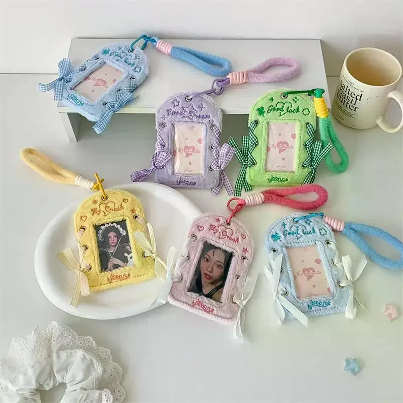 Cute Ballet-style Ribbon Photocard Holder Plush Card Holder With Lanyard Idol Photo Storage Card Display Protective Pendant Gift