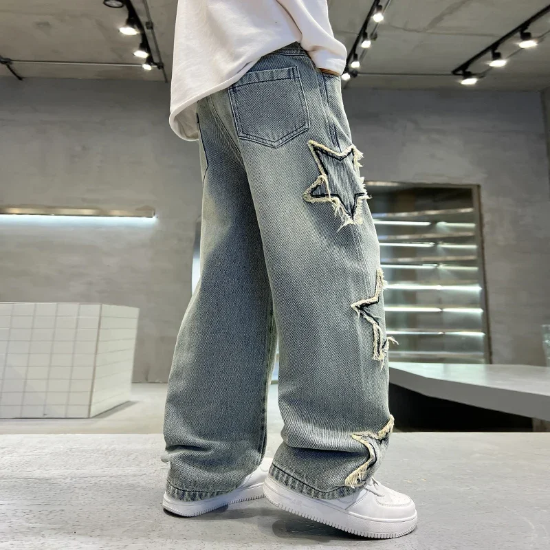 Boys\' pants spring and autumn five-pointed star splicing raw edge jeans boys wide-leg pants washed denim youth pants 7-14 years