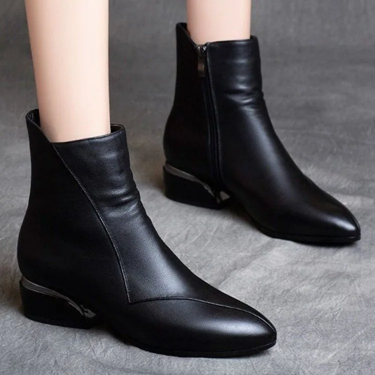 Sharp pointed low order boots with plush cotton boots 2025 autumn and winter new fashion British style soft leather short boots