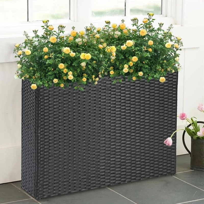 High Rectangular Flowerpot with Detachable Lining, All-weather PE Rattan Large Modern Indoor and Outdoor Flowerpot