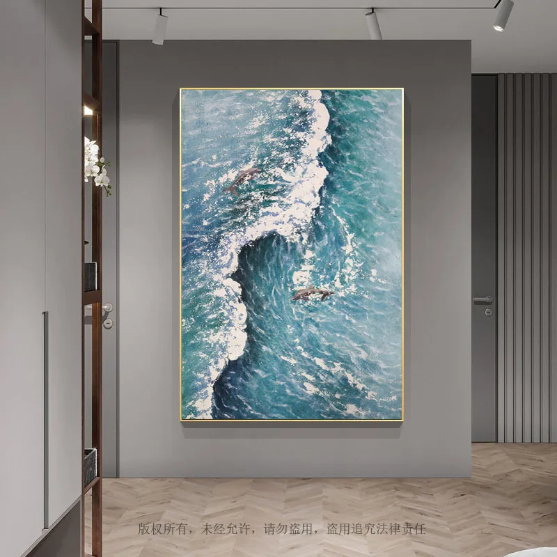 

Handmade Custom Abstract Seascape Canvas Wall Art Dolphin Oil Painting Modern Living Room Bedroom Porch Hotel Hanging Picture