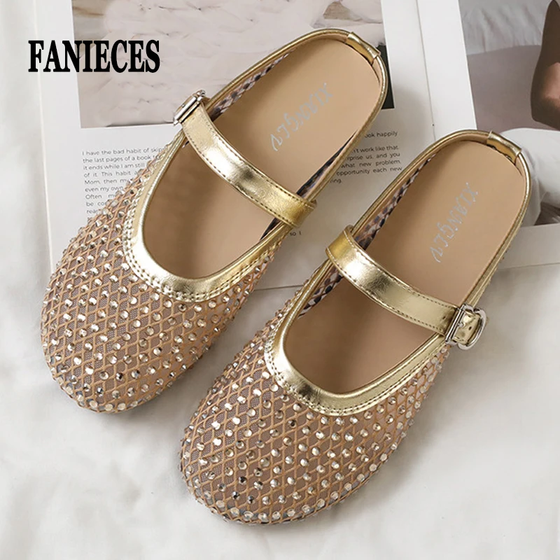 

Luxury Shinny Diamond Women Mules Slippers Summer Shoes Crystal Footwear Rhinestones Slip On Brand Mary Jane Sandals Mesh Clogs