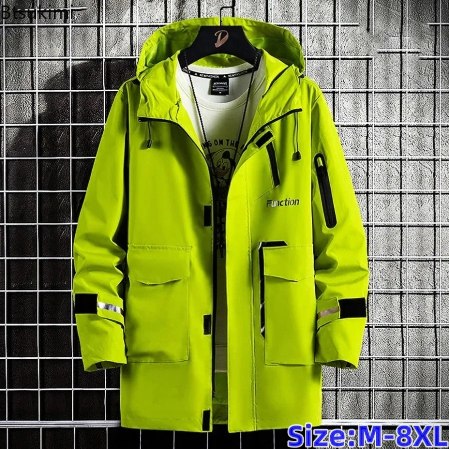 2026 Neue Herren-Windjacke Übergröße Lange Jacken mit Reflektorstreifen-Design Kapuzenmäntel Campingjacken Herren-Oberbekleidung für Outdoor