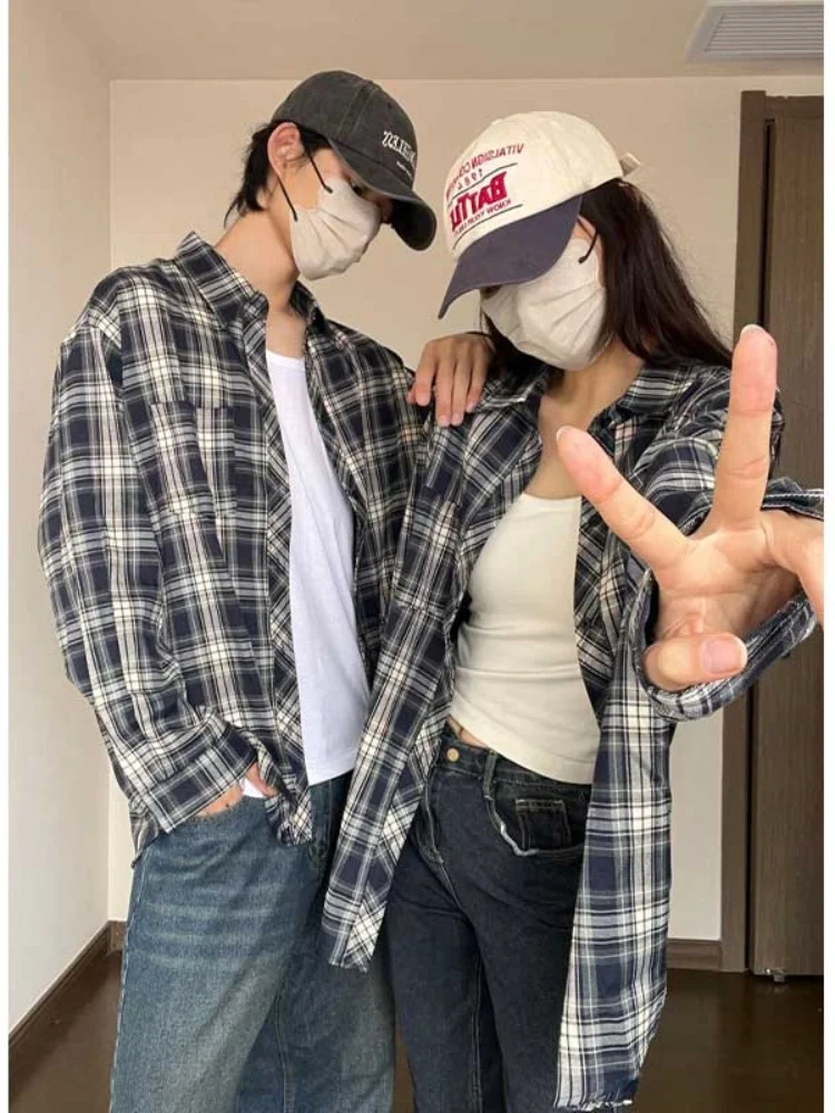 

Американская рубашка в клетку в стиле ретро, мужская весенняя новинка, модная брендовая универсальная рубашка с длинными рукавами, верхняя одежда для пар, молодежная мода