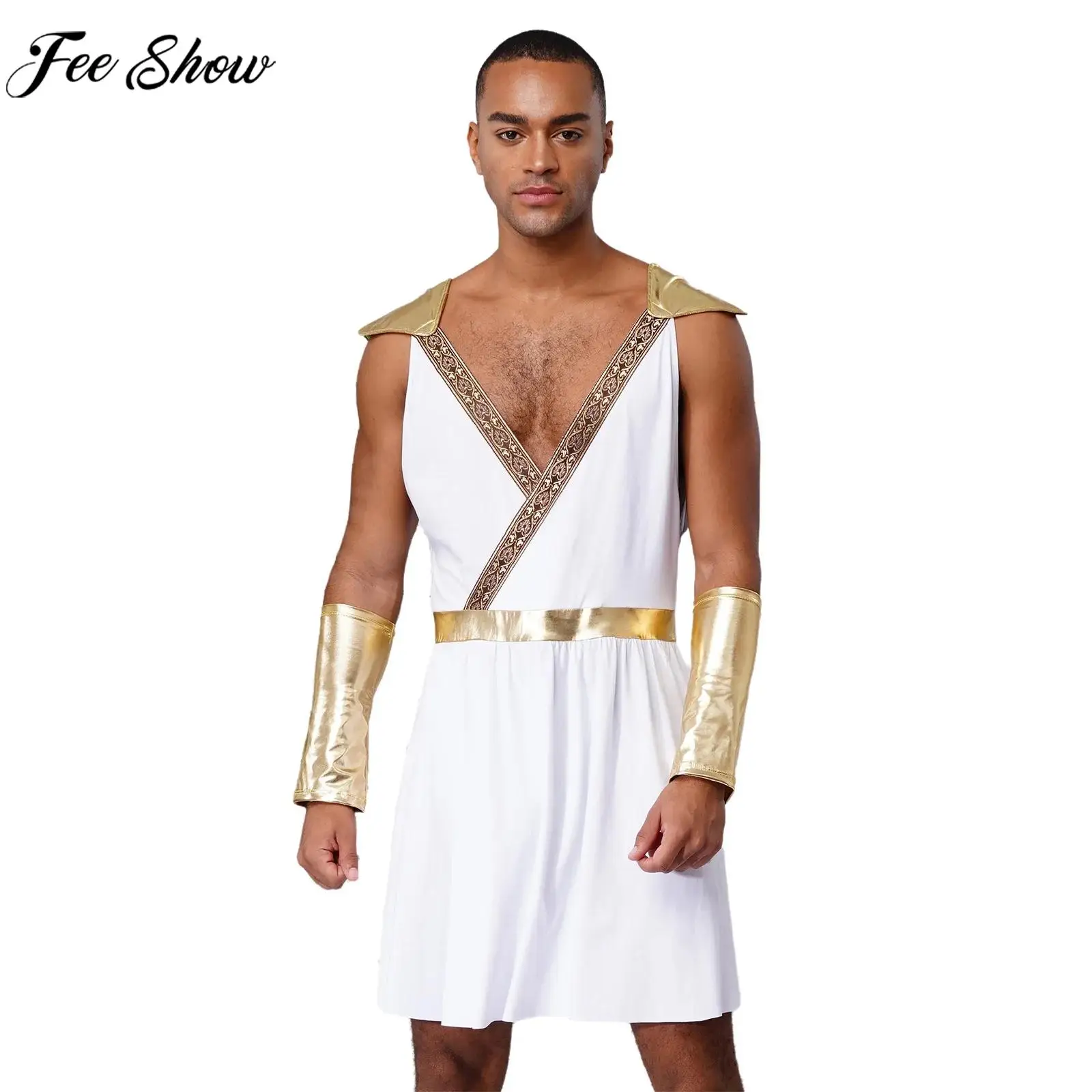 Disfraz de Cupido para hombre, disfraz de guerrero de gladiador del dios romano griego antiguo, ropa sin mangas, bata de Toga con puños metálicos