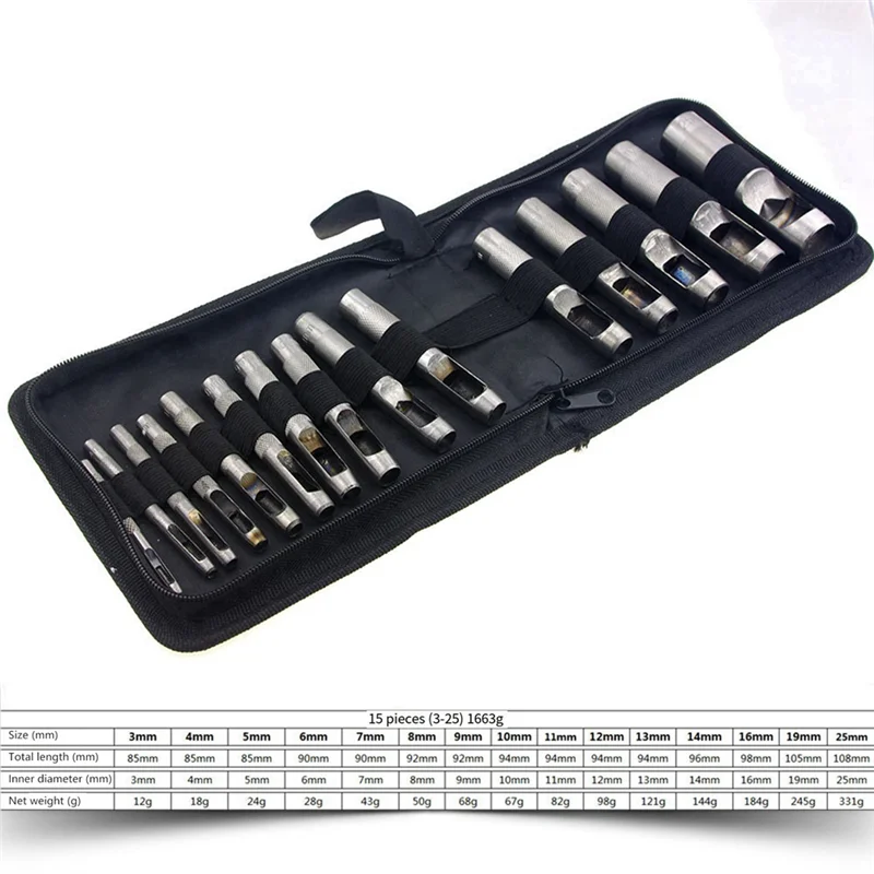 YWDZ-15 Piece Circular Punching Belt Punch Set Silver Metal Is Suitable For Leather Craft Tools