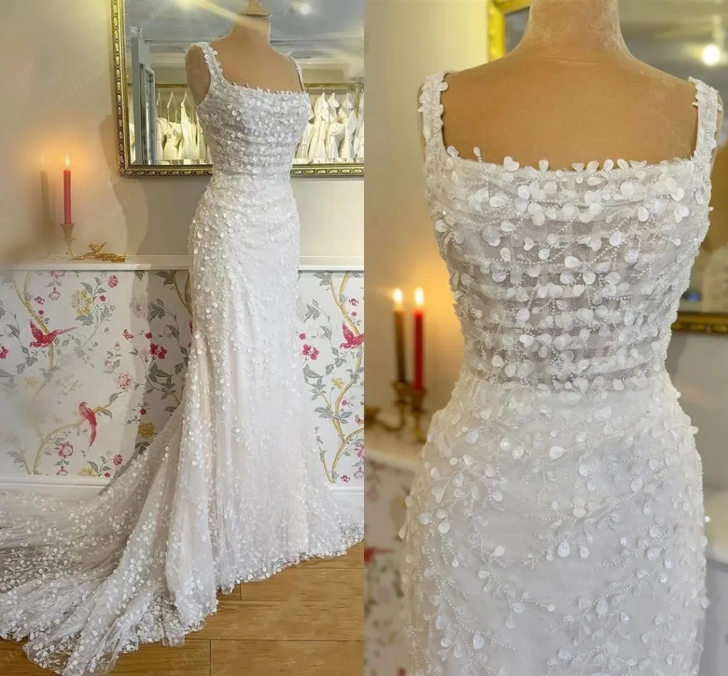 

2025 Luxury Lace Wedding Dress Spaghetti Strap 3D Flowers Square Collar Mermaid Bridal Bride Formal Gowns Vestidos De Noiva