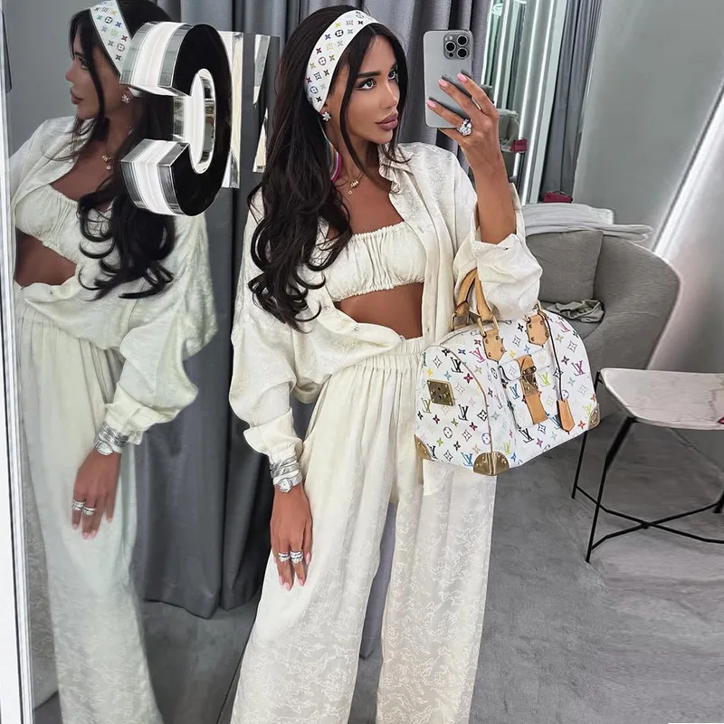 

Y2K Streetwear High Waist Wide Leg Pants Set Three Piece for Women Includes Strapless Top Turn Down Collar Full Sleeve Shirt