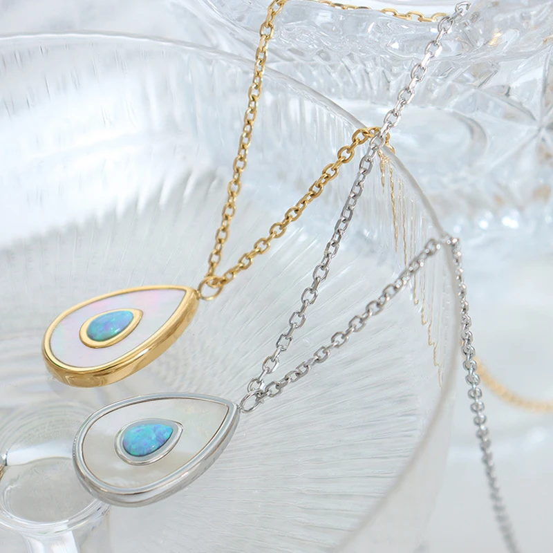 New Sparkle Blue Opal White Shell Avocado Pendant Necklace Stainless Steel Waterdrop Charm Collar Waterproof Jewelry for Women