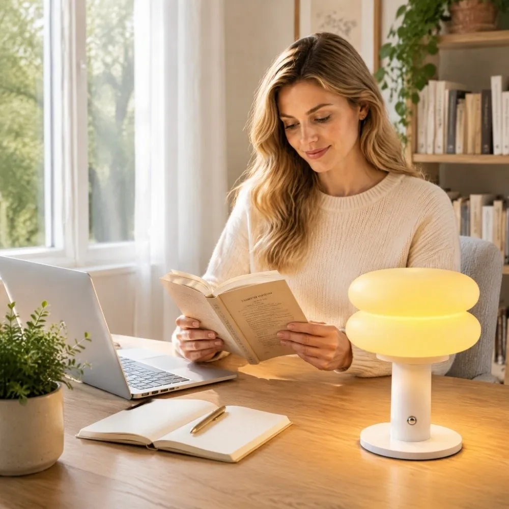Touch Dimmable LED Desk Lamp Stepless Dimming 3-Speed Brightness Table Lamp Battery Operated Smooth Texture Mushroom Lamp