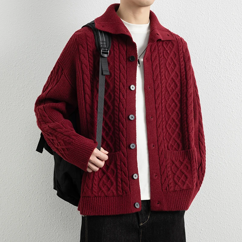 

Мужской вязаный кардиган Angola Red с узором «косы», высококачественный, с отложным воротником, свободного кроя, из модной повседневной пряжи