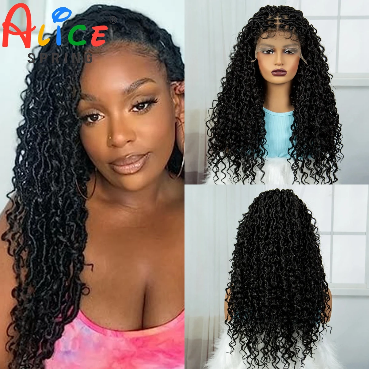 26 Inch Braided Wigs Synthetic Lace Front Square Knotless Box Curly Braiding Hair Wig with PrePlucked Baby Hair for Black Women