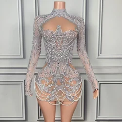 Luxurious Full Rhinestones Pearl Short Dress Women Evening Prom Celebrate Dress Sexy Mesh Transparent Singer Photoshoot Wear