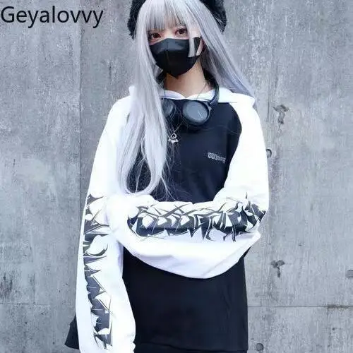 

Japanese Original New Black White Color Matching Loose Sweatshirt Sweet Girl Print Hooded Long-sleeved Mine Subculture Hoodies