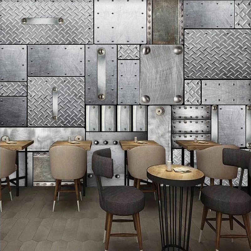 Customized Wallpaper Modern Fashion 3D Silver Grey Sheet Iron Mural Bar Coffee Shop Restaurant Living room TV background bedroom