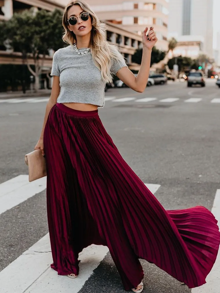 Saia Midi Psada de Cintura Alta Estilo Rainha Mágica Plus Size Moda Fena Saia Longa de Cor Sólida Estilo de Rua