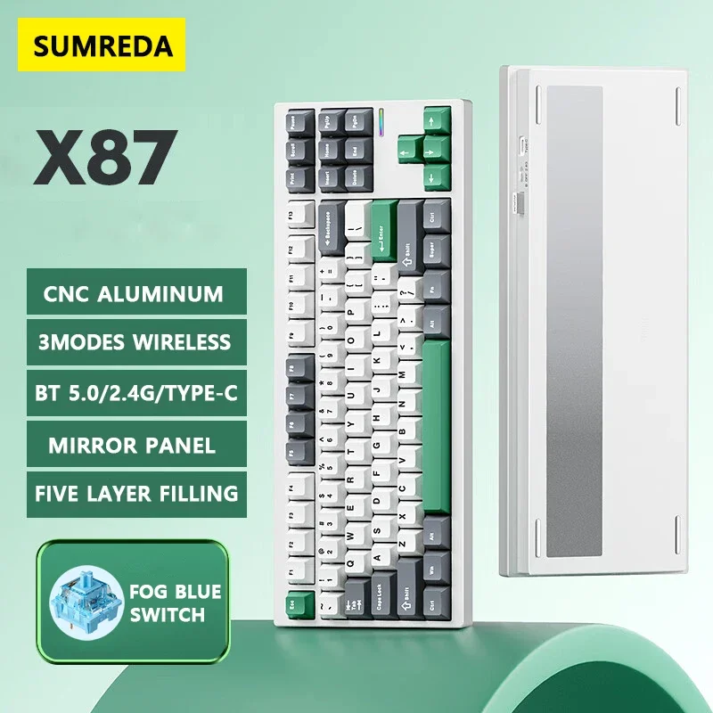 

SUMREDA X87 Aluminum Wireless Mechanical Keyboard Bluetooth 2.4G Wired Gaming Keyboard Hotswap RBG Gamer Non-contact Keyboard