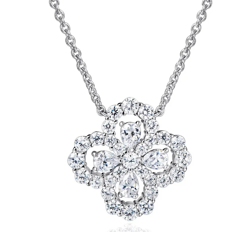 Luomansi 4 Leaf Petal Necklace Super Sparkling High Carbon Diamond First Order -10 Solid S925 Silver Jewelry Women Wedding Party