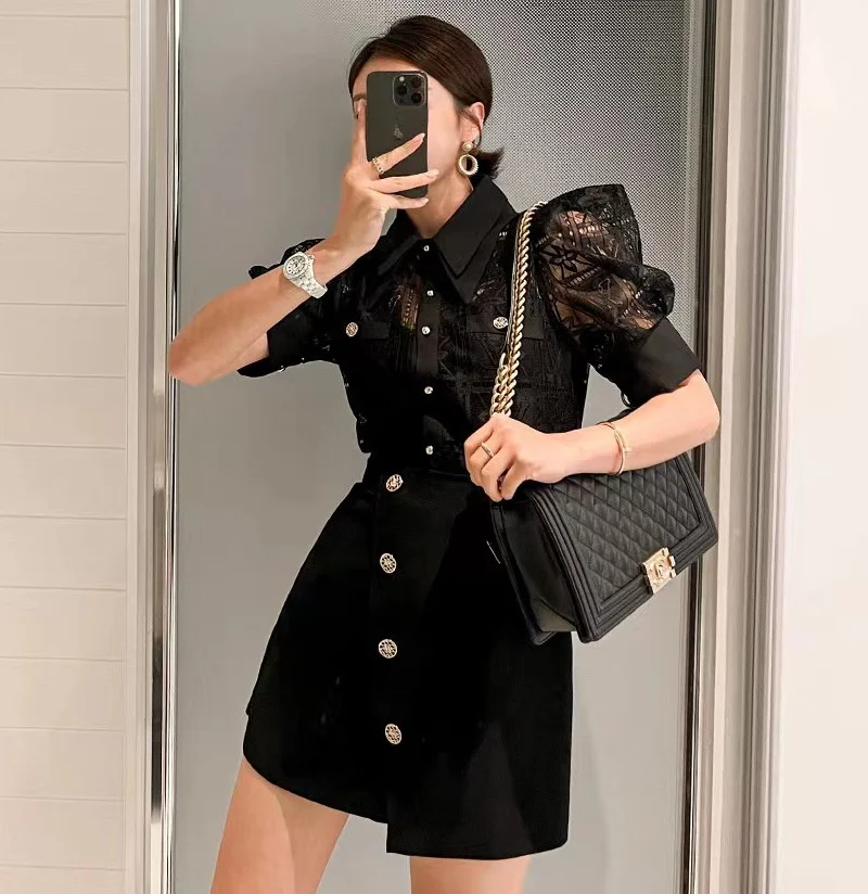 Bla Sexy Lace ort Sve irt Women's Hollow out Top Luxury Design Summer New Arrival OL Sle  Collar Button Detail