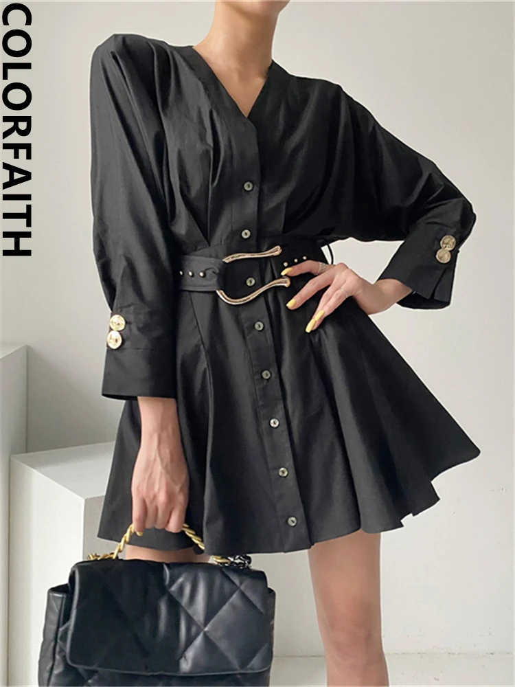 Colorfaith DR66317 New 2023 Women Lace Up High Waist Shirt Dress Spring Summer Korean Fashion Elegant Lady Vintage Mini Dresses