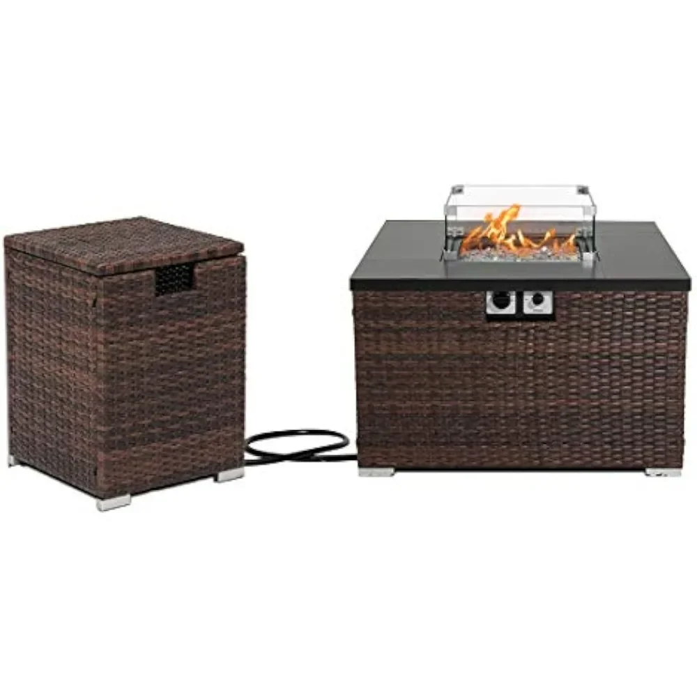 

Fire Pit Table with Tank Table, Dark Brown Rattan 40000 BTU, Free Lava Rocks, Waterproof Cover, Outdoor Propane Burning Fire Pit