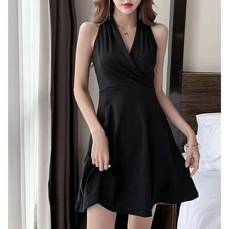 Women\'s Summer Fashion Fashion Simplicity Solid Color V-neck Sleeveless A-line Skirt Women Clothes Temperament Elegant Dress