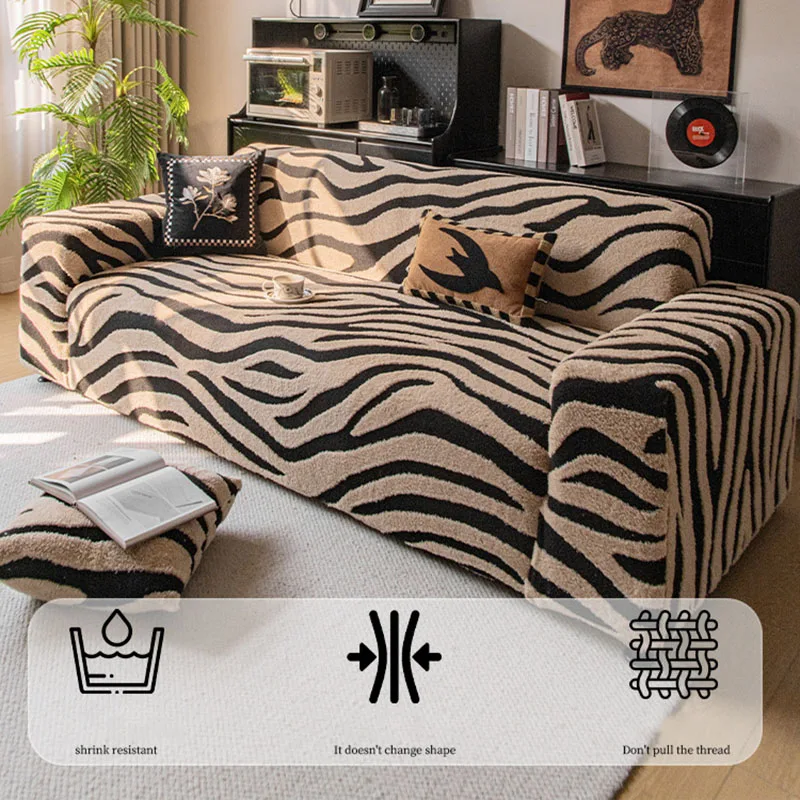 Zebra Patterned Jacquard Plush Sofa Cover Stretch Warm Couch Slider with Elastic Band Removable Anti Slip Dust Cover for Sofa