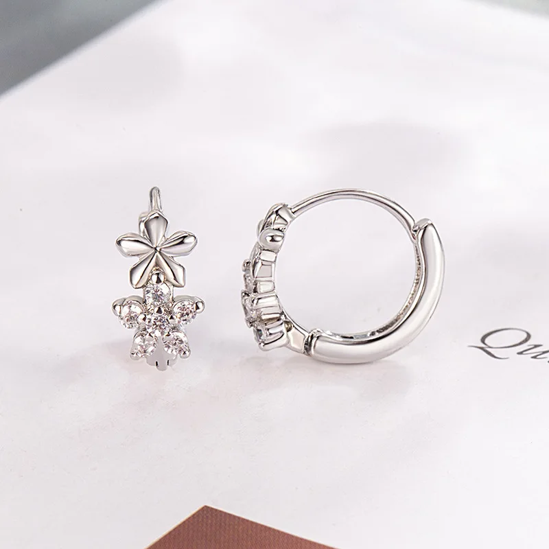 Pendientes De aro coreanos De Plata De Ley 925 con bonitos flores De cristal y plantas para Mujer, joyería para fiesta y boda, regalo, Aretes De Mujer