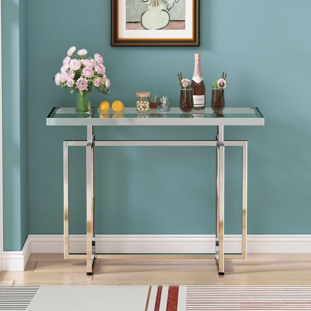 طاولة وحدة تحكم زجاجية من ASYA للمدخل، طاولة مدخل حديثة بإطار من الزجاج المقسى والكروم، طاولة أريكة فضية للمعيشة Ro