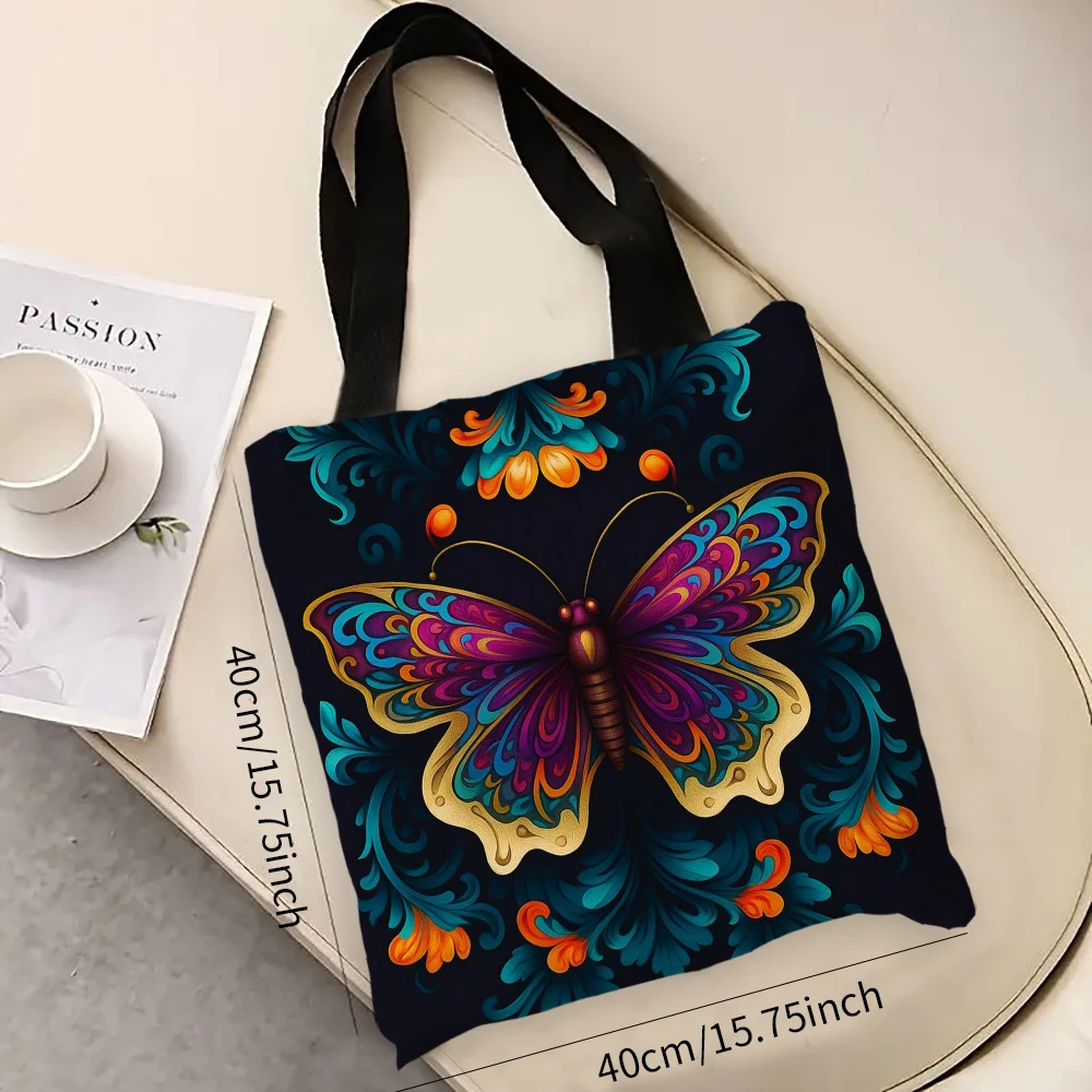 

Vibrant Butterfly Print Handbag, Reusable Fashionable Handbag, Multifunctional Handbag, Printed Shopping Bag 7.3