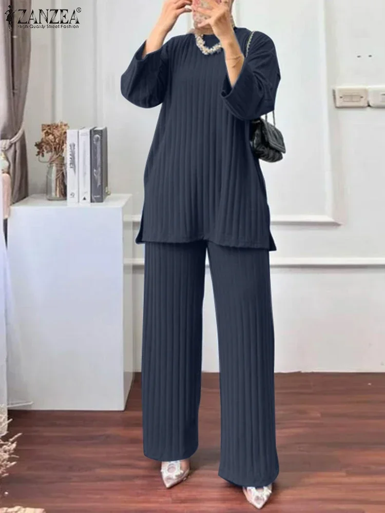 ZANZEA Women Muslim Matching Sets Autumn 2PCS Long Sleeve Blouse Wide Leg Pants Sets Fashion Tracksuit Winter Outifits Oversize