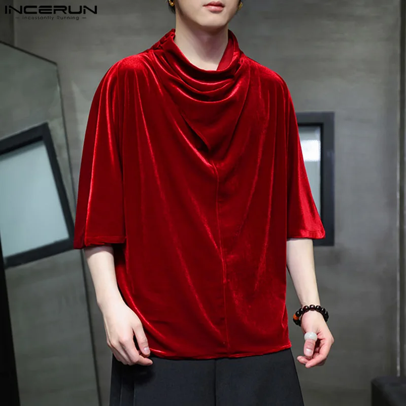 INCERUN Tops 2024 Korean Style New Men's Solid Pile Up Collar Design Shirts Fashion Casual Male Suede Long Sleeved Blouse S-5XL