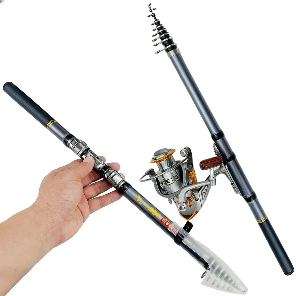 Curto telescópico Rocha Pesca Rod, Combo Carretel, Fibra De Carbono, Spinning Pole1000, 2000, 3000, Carretel de pesca com Linha, Kit completo