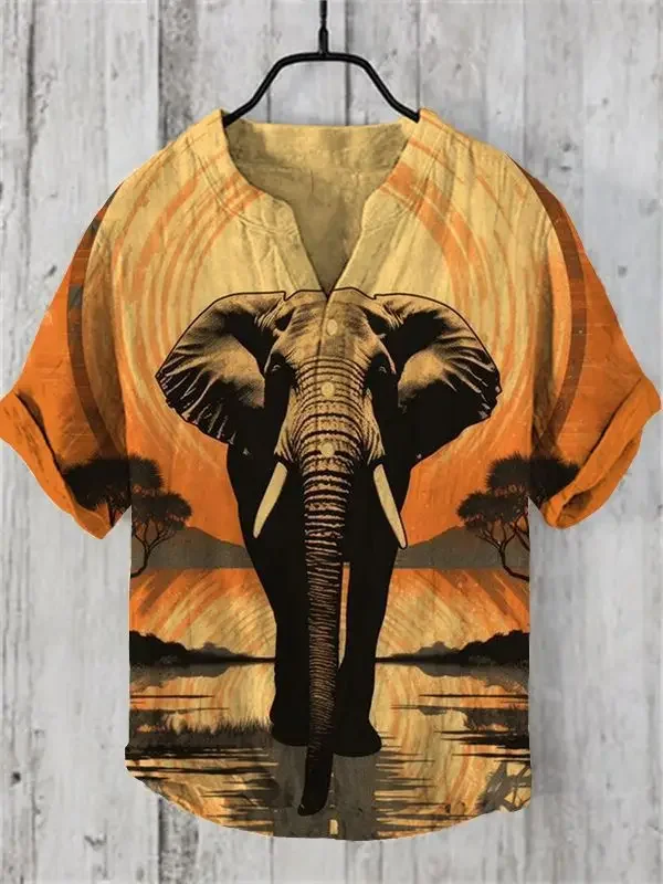 

2025 Summer New Fashionable Japanese Linen Comfortable Fabric Animal Printed Street Fashion Casual Men's Short Sleeved Shirt