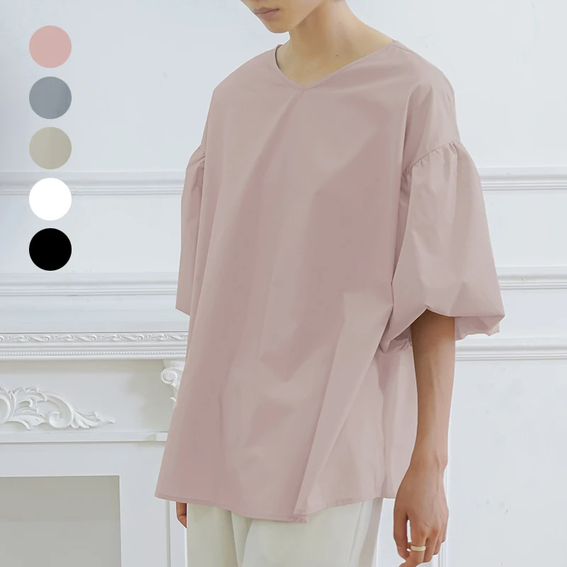 

Loose V-Ne Lantern Sve irt Women's Summer Sweet Youthful Large Pure Color Top Cross-Border Japanese Korean Sle