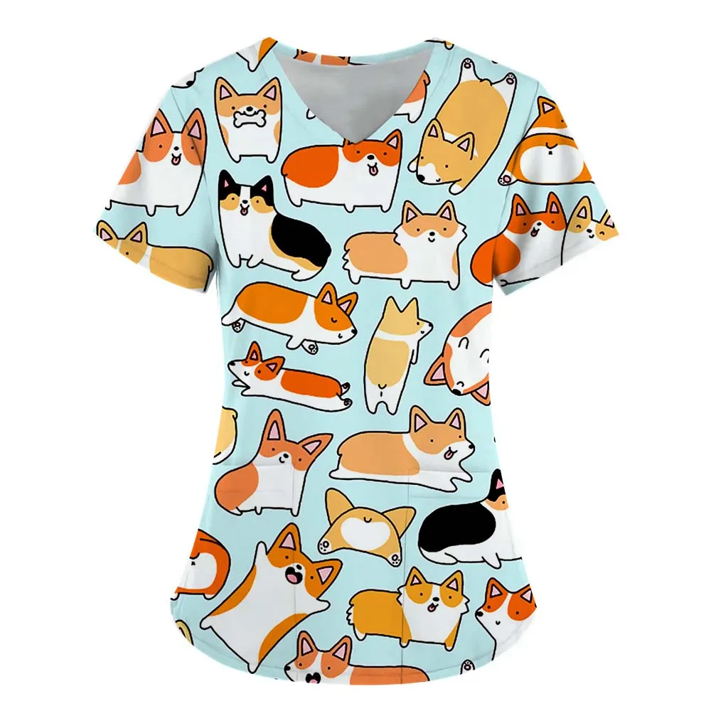 2023 Summer Women's Top Cute Cartoon Animal Dog 3D Print V-Neck T-shirt Casual Daily Nurse Uniform Style Fashion Short Sleeve