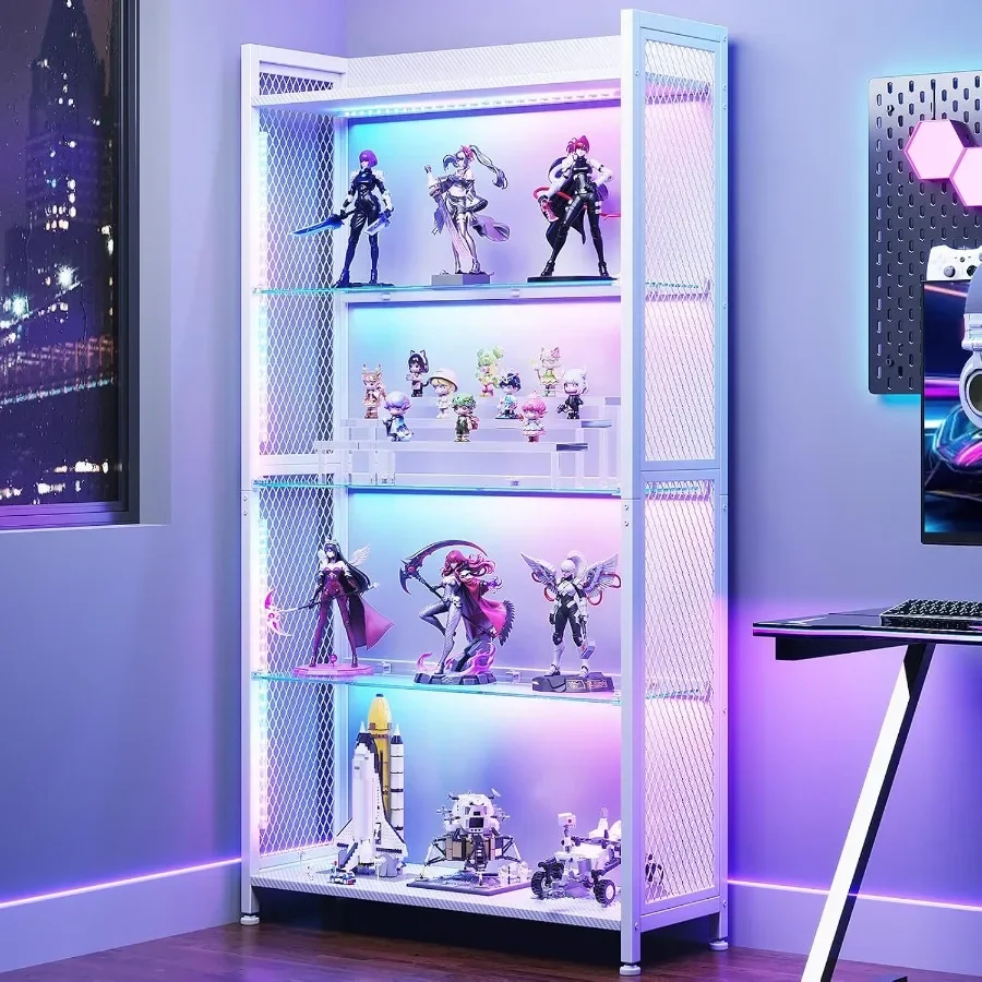 Display Case with Open Glass Shelves, RGB Light Display Cabinet