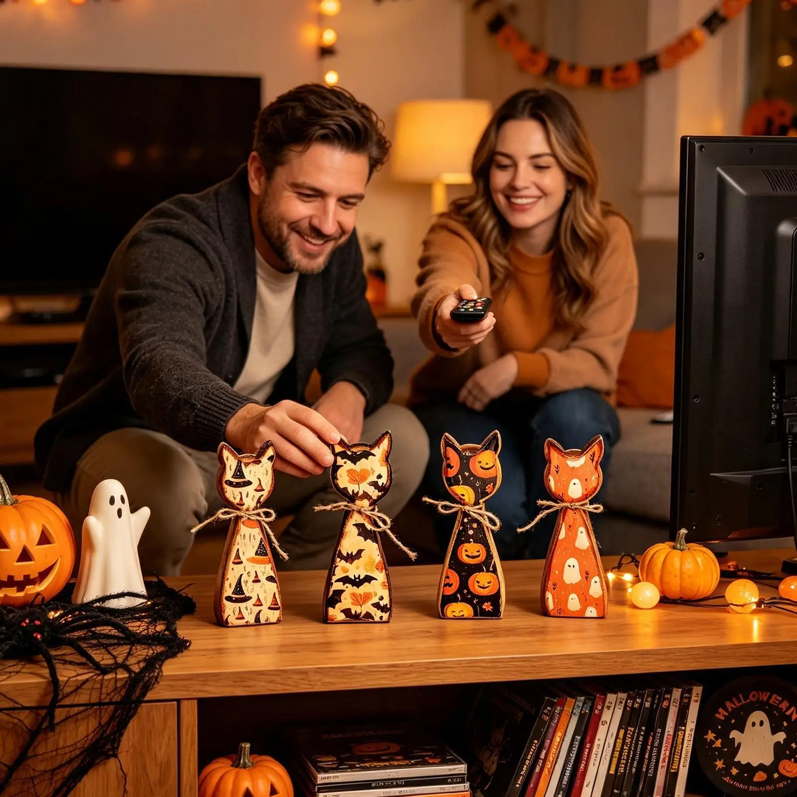 Halloween Wooden Cat Figurines 5 Pieces Double-Sided Self Standing Vintage Rustic Farmhouse Wood Cat Figurine Set Decorations