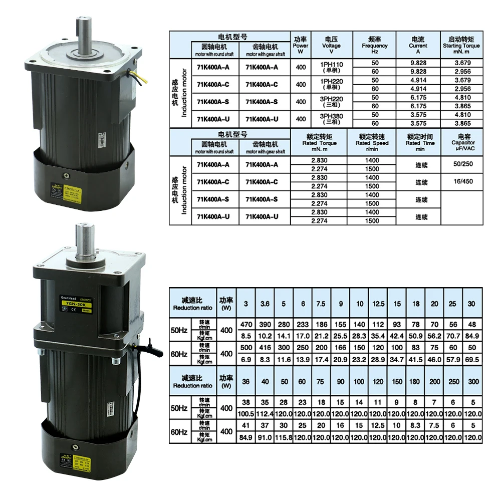 400W Micro AC Motor 110v 220v Single Phase Asynchronous Motor Gear Motor 22mm Motor Shaft 5-1400RPM 50/60hz For Packing Machine