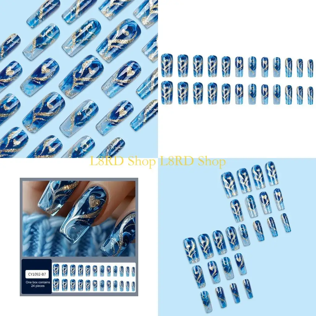 

L8RD 24pcs Long Coffin Press On Gold Glitters Heart Design False for Women