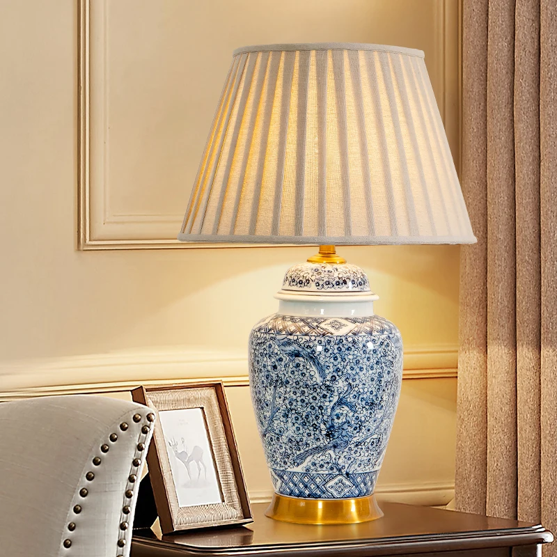 46x73cm Chinese Jingdezhen Ceramic Table Lamp Blue And White Porcelain Neoclassical Large Lamp Bedroom Bedside Lamp Living Room