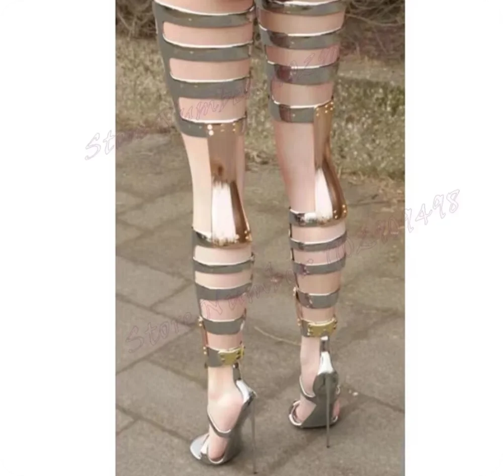 Silver Hollow Out Sandals Boots Thigh High Open Toe Shoes for Women Stiletto High Heels Sexy Lady Shoes 2024 Zapatos Para Mujere