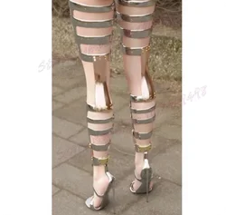 Silver Hollow Out Sandals Boots Thigh High Open Toe Shoes for Women Stiletto High Heels Sexy Lady Shoes 2024 Zapatos Para Mujere
