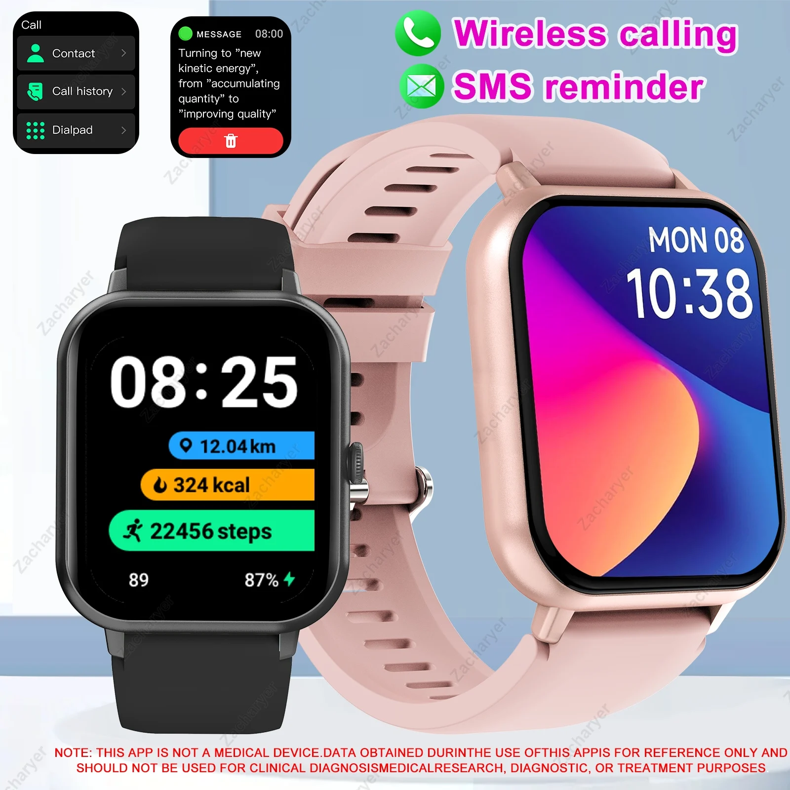 Smart watch, wireless calling/dial, multi-Sport mode, calling reminder and rejection, SMS reminder, for iPhone/Andriod