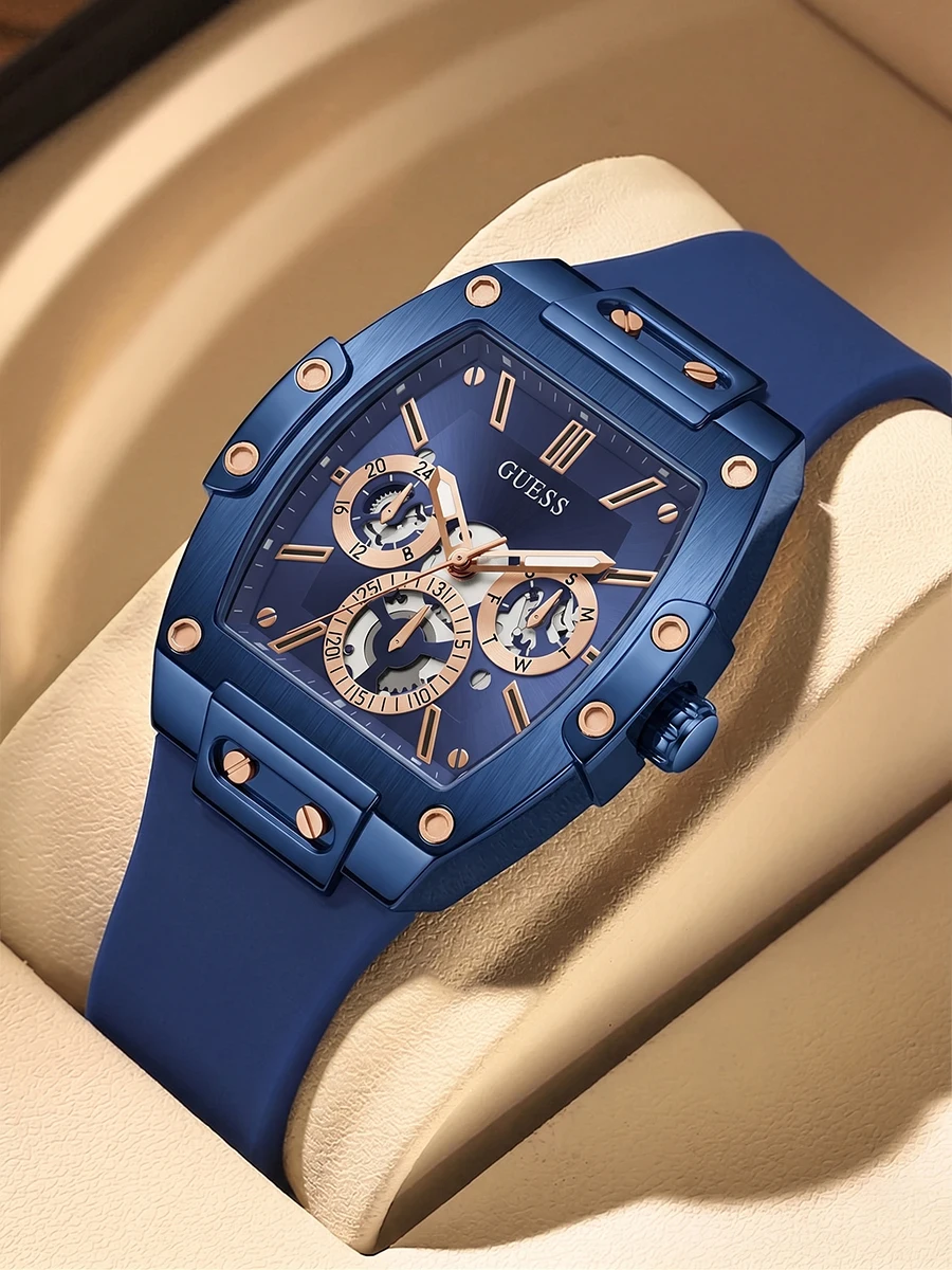 Reloj Multifunción Tonneau Original de GUESS para Hombre, Esfera Azul, Caja Dorada, Correa de Silicona, Reloj de Pulsera Cronógrafo Deportivo de Lujo